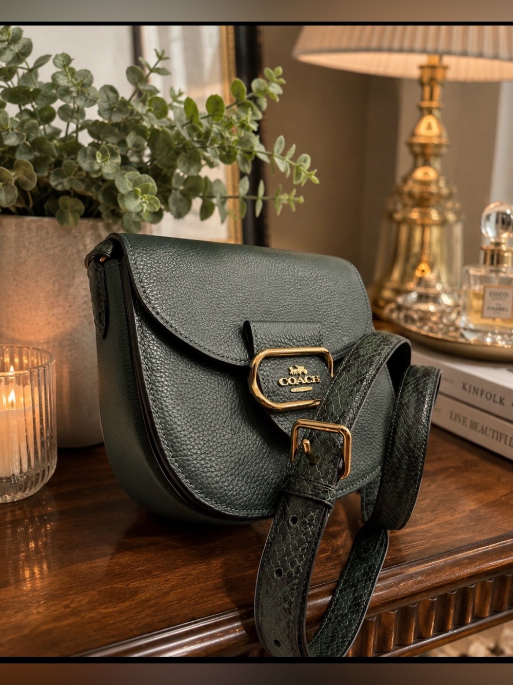 Coach Dark Green Pebbled Leather Saddle Crossbody with Gold Hardware